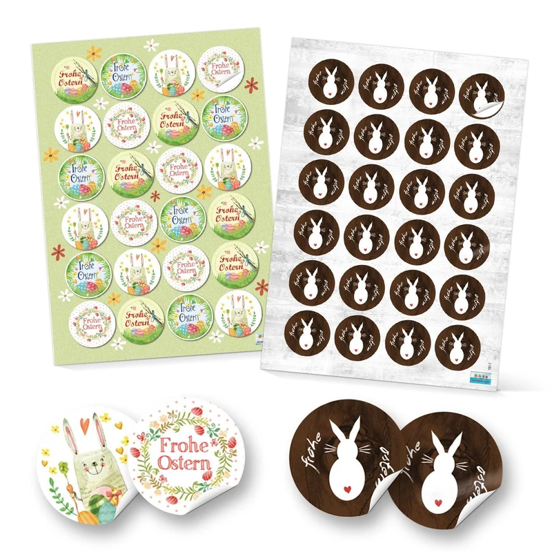 Logbuch-Verlag Set 48 Frohe Ostern Aufkleber Osterhase Osterdeko bunt Osteraufkleber rund Verpackung Kindergeschenke Geschenke Give-Away grün gelb pink braun weiß