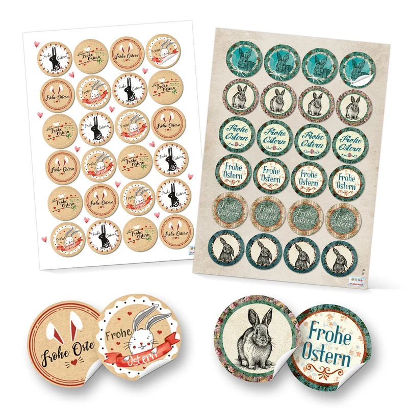 Logbuch-Verlag Set 48 Frohe Ostern Aufkleber Osterhase Osterdeko bunt Osteraufkleber rund Verpackung Kindergeschenke Geschenke Give-Away beige rot weiß türkis