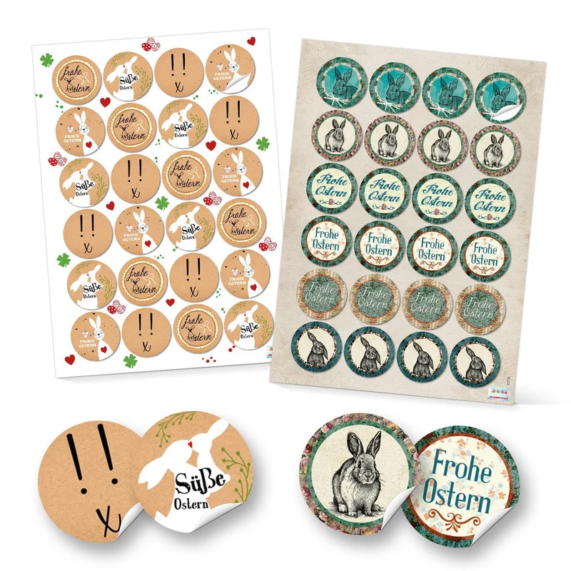 Logbuch-Verlag Set 48 Frohe Ostern Aufkleber Osterhase Osterdeko bunt Osteretiketten rund Verpackung Kindergeschenke Geschenke Give-Away beige rot weiß türkis