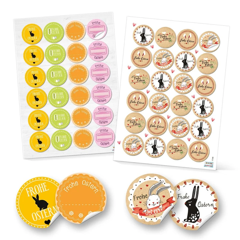Logbuch-Verlag Set 48 Frohe Ostern Aufkleber Osterhase Osterdeko bunt Osteretiketten rund Verpackung Kindergeschenke Geschenke Give-Away gelb grün orange beige