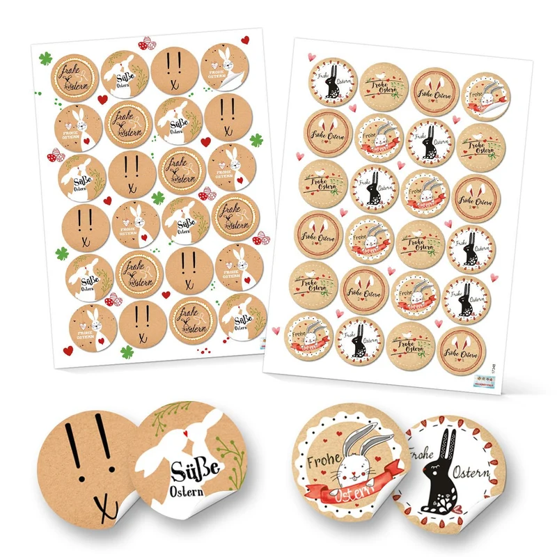 SET 96 Frohe Ostern Aufkleber Osterhase Osterdeko bunt Osteraufkleber rund Verpackung Kindergeschenke Geschenke Give-Away beige rot weiß schwarz