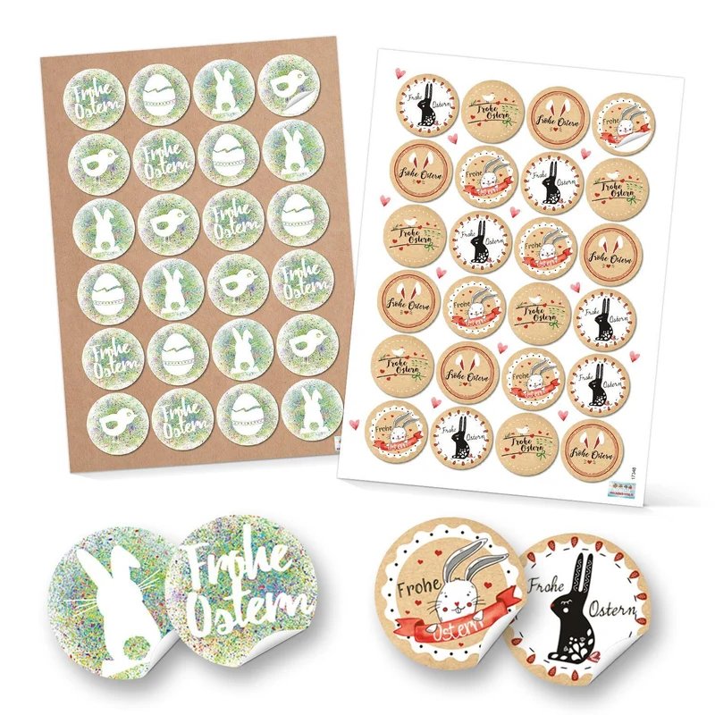 Logbuch-Verlag Set 48 Frohe Ostern Aufkleber Osterhase Osterdeko bunt Osteretiketten rund Verpackung Kindergeschenke Geschenke Give-Away beige rot weiß grün rot