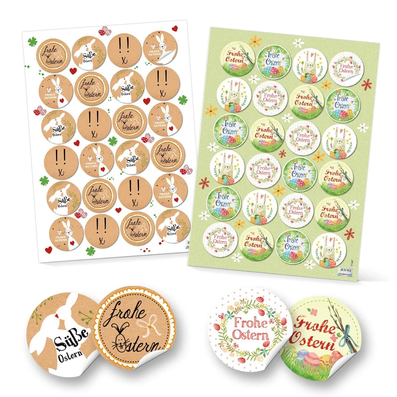 Logbuch-Verlag Set 48 Frohe Ostern Aufkleber Osterhase Osterdeko bunt Osteraufkleber rund Verpackung Kindergeschenke Geschenke Give-Away grün gelb pink beige rot