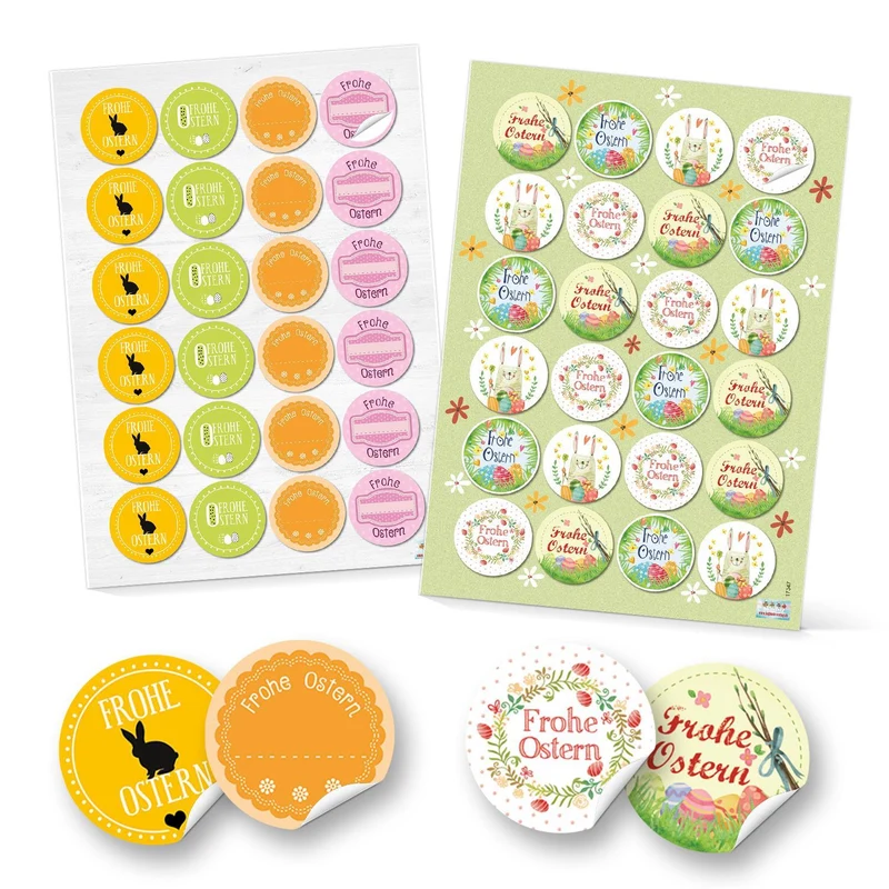 Logbuch-Verlag Set 48 Frohe Ostern Aufkleber Osterhase Osterdeko bunt Osteretiketten rund Verpackung Kindergeschenke Geschenke Give-Away gelb grün orange pink