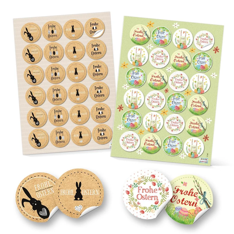 SET 96 Frohe Ostern Aufkleber Osterhase Osterdeko bunt Osteretiketten rund Verpackung Kindergeschenke Geschenke Give-Away grün gelb pink beige