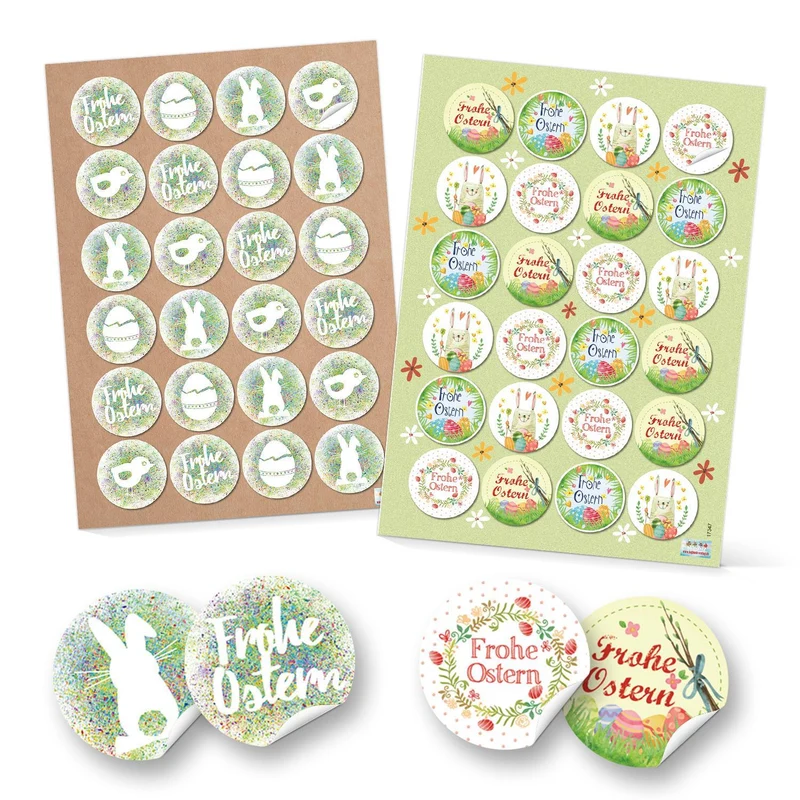 Logbuch-Verlag Set 48 Frohe Ostern Aufkleber Osterhase Osterdeko bunt Osteraufkleber rund Verpackung Kindergeschenke Geschenke Give-Away grün gelb pink grün rot