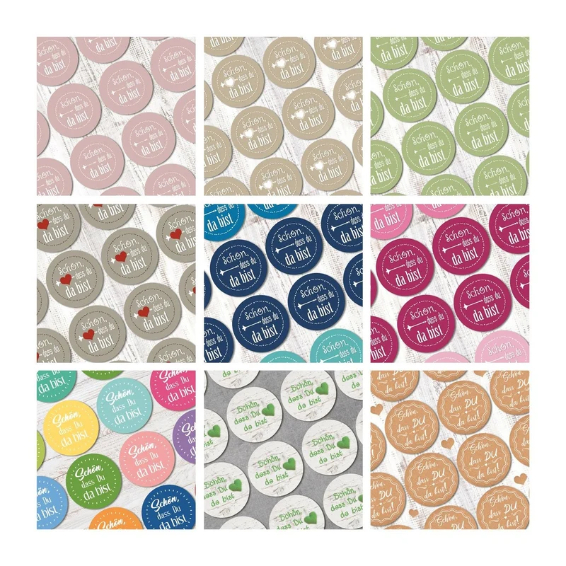 Logbuch-Verlag Aufkleber Set 9 x 24 Sticker SCHÖN DASS DU DA BIST bunt Herz DIY Verpackung Etiketten selbstklebend rund Gastgeschenk Give-Away Hochzeit Geburtstag Willkommen