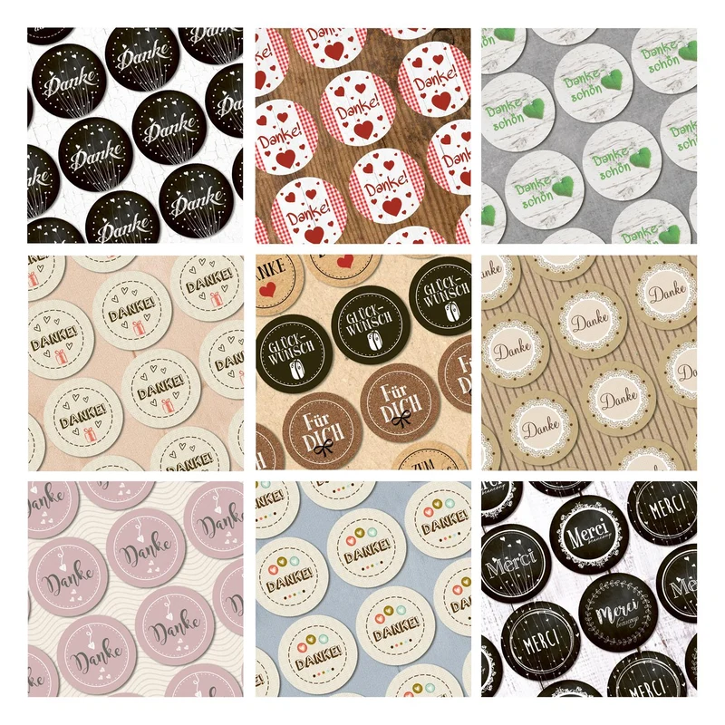 Logbuch-Verlag Aufkleber Set 9 x 24 Sticker DANKE DANKESCHÖN MERCI GLÜCKWUNSCH 9 Designs Herz DIY Etiketten selbstklebend rund Gastgeschenk Give-Away Hochzeit Geburtstag