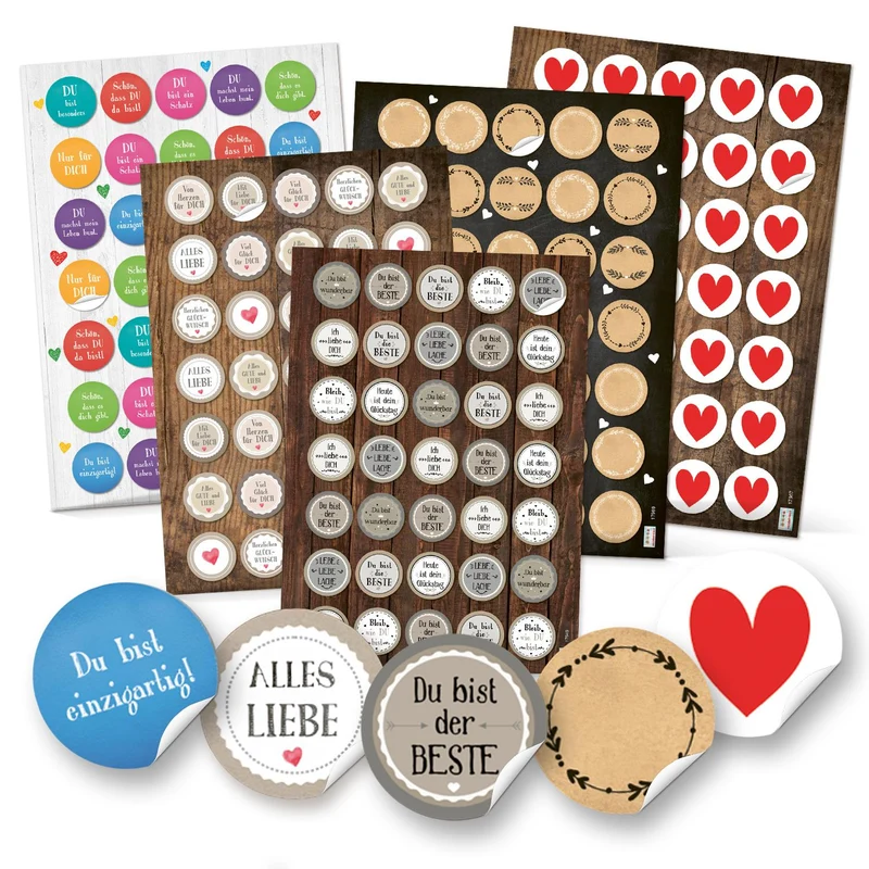 5 x 35 Aufkleber rund 3,2 cm mit Sprüchen Herzen Glückwünschen - Sticker zum Basteln