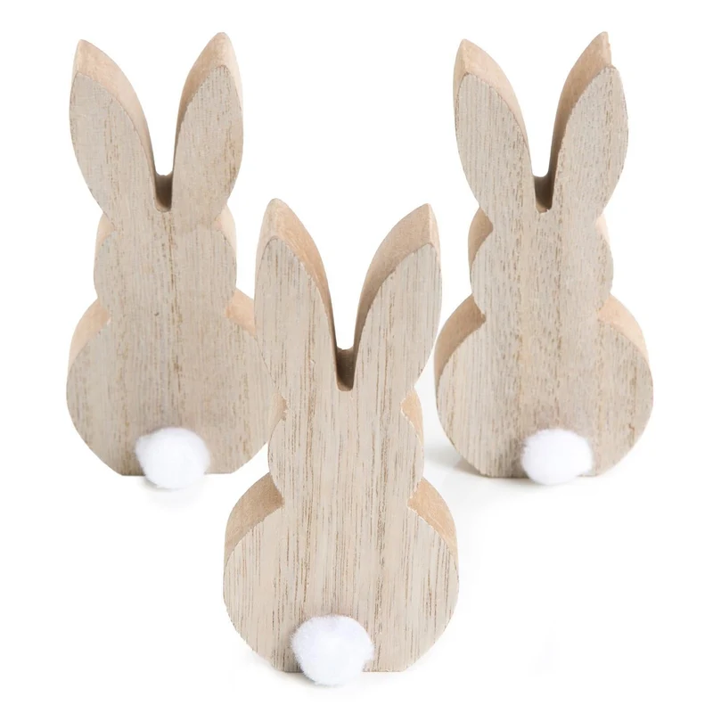 3 Osterhasen aus Holz mit Puschel natur weiß - Vintage Osterdeko Landhausstil