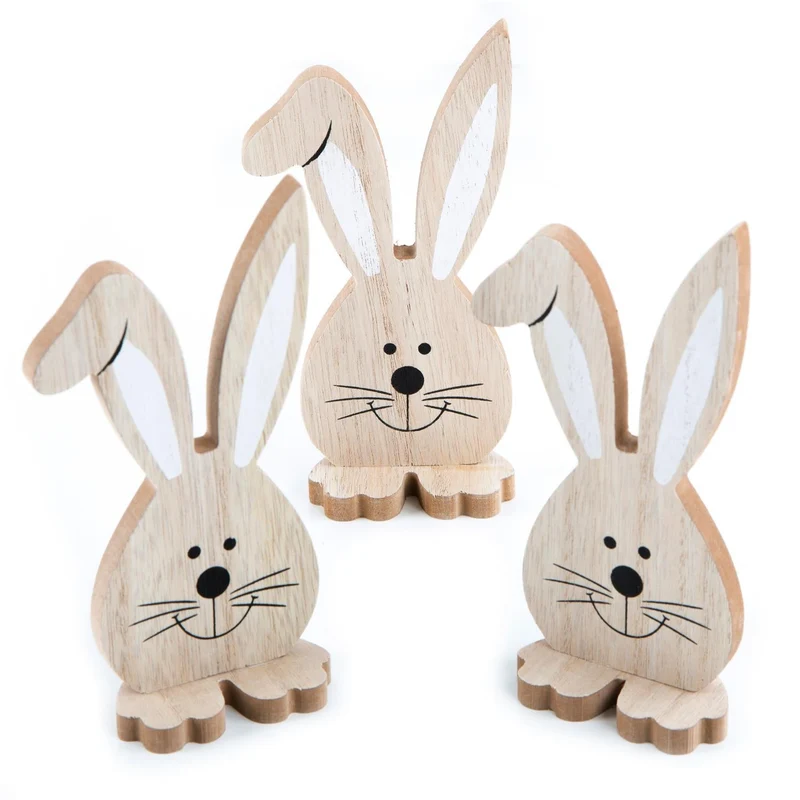 3 Holz Osterhasen Figuren zum Hinstellen natur bruan weiß - Osterdeko