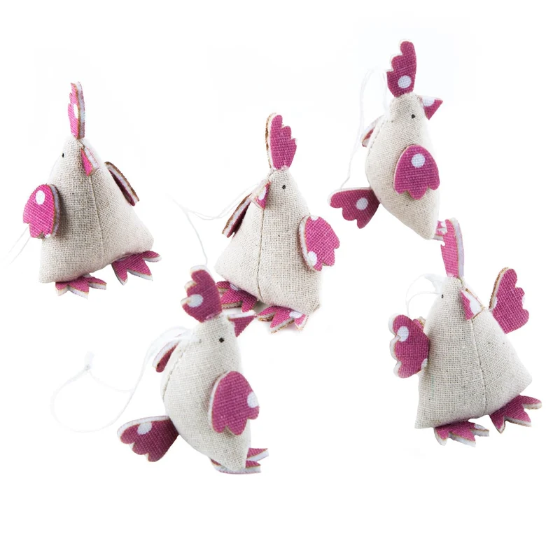 5 Hühner zum Aufhängen aus Stoff - Osterdeko grau rosa