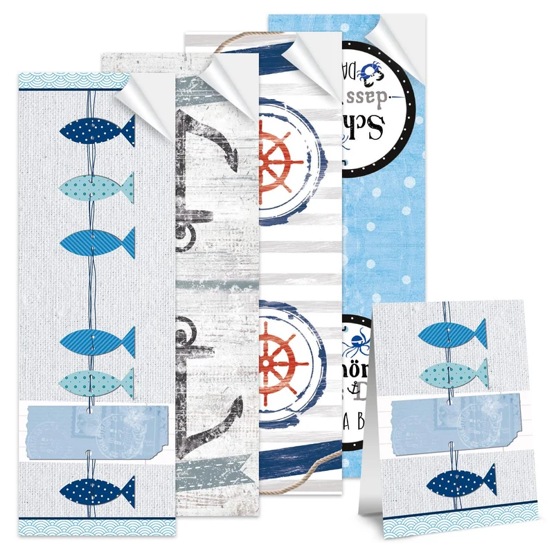 100 blaue türkise Aufkleber maritim Fische Anker SCHÖN DASS DU DA BIST Schiffsanker Etiketten selbstklebende Sticker - je 25 Stück Geschenk-Aufkleber Tischkarte Kommunion Geburtstag Kinder
