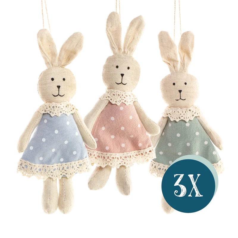 3 Osterhasen aus Stoff 17 cm mit Kleid in rosa, blau und grün