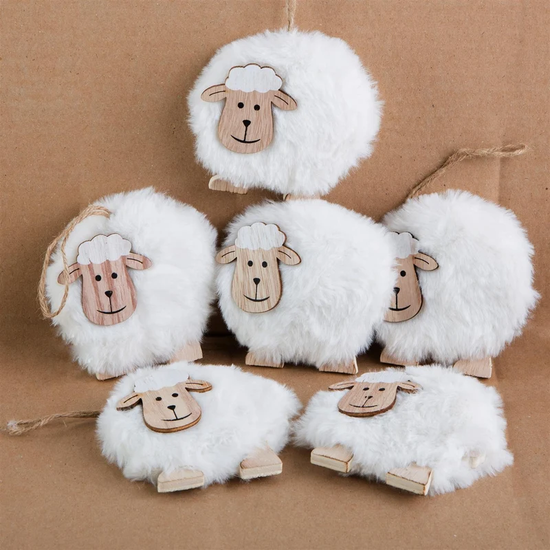 Logbuch-Verlag 6 weiße Schafe - Osterschafe aus Holz und Wolle Natur - Osteranhänger kleines Ostergeschenk Deko Ostern Osterdeko