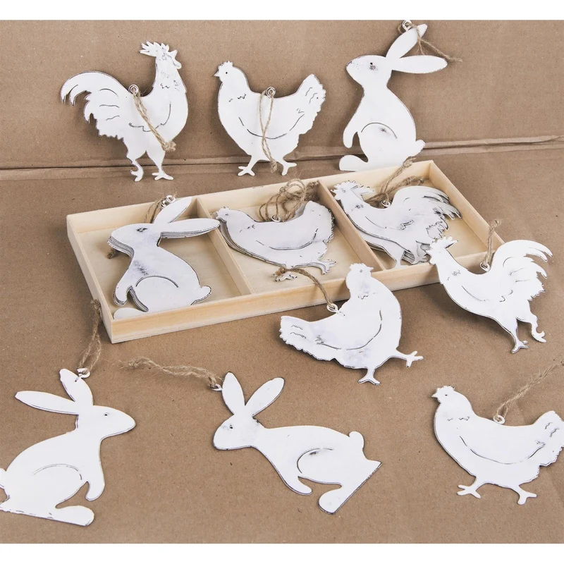 Logbuch-Verlag 18 Osteranhänger aus Metall weiß Shabby Chic Hase + Hahn + Henne - Deko Ostern Osterstrauch Anhänger