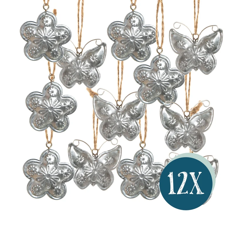 12 Geschenkanhänger aus Metall weiß silber - Herz + Blume - 4 cm