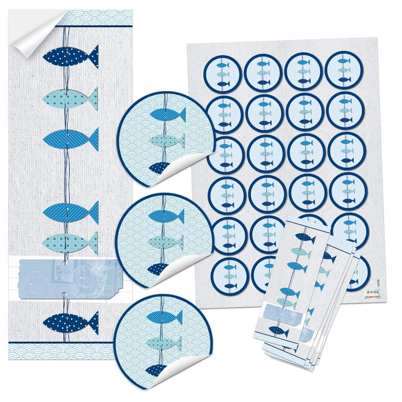 SET 25 + 24 blau türkis weiß 3 FISCHE Aufkleber - Symbol Taufe Kommunion Hochzeit - maritim Geschenk-Sticker Tischkarten Einladungs-Karten basteln selbermachen Verpackung