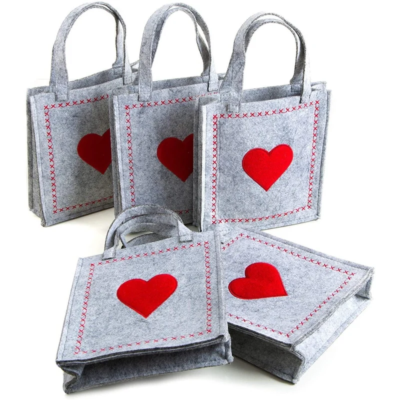 5 kleine HERZ FILZTASCHEN rot grau Geschenktaschen 18 x 20 x 5 cm mit Henkel Geschenkbeutel Hochzeit Geburtstag Weihnachten Valentinstag VERPACKUNG Muttertag