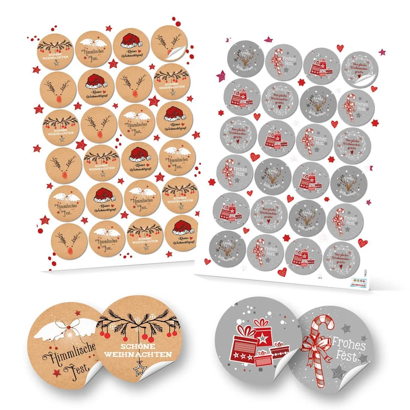 48 Stück Weihnachtsaufkleber Sticker FROHE WEIHNACHTEN FROHES FEST grau rot weiß schwarz Verpackung Geschenke weihnachtlich Etiketten Papiertüten zukleben verschließen Deko