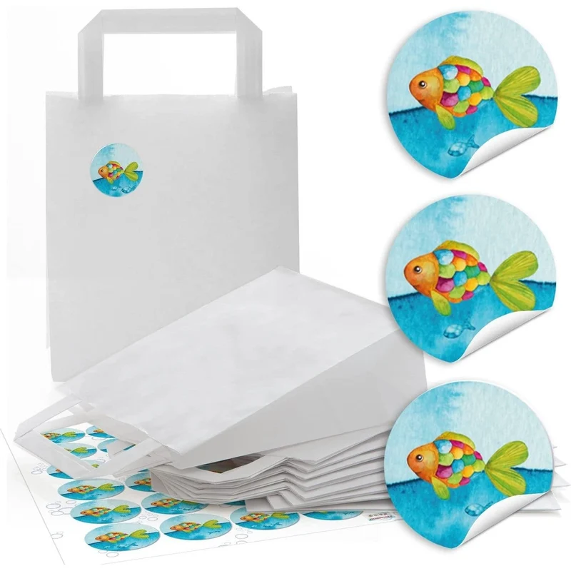 10 kleine weiße Papier-Tüten Geschenktüten Regenbogen-Fisch blau türkis mit Henkel + Boden 18 x 8 x 22 cm + 24 runde Aufkleber - Verpackung give-away Mitgebsel Kinder