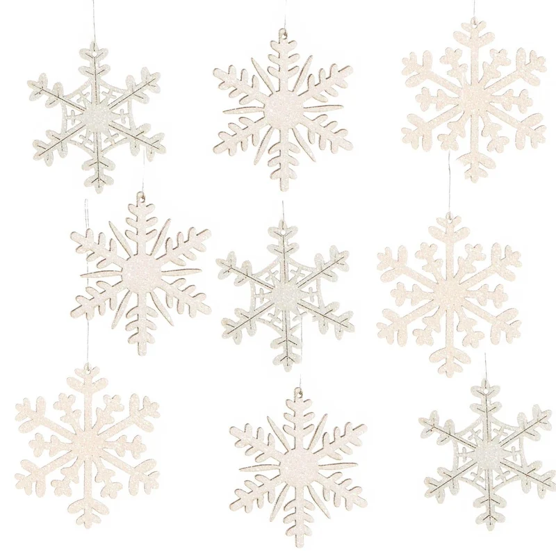 9 silber glitzernde Schneeflocken Anhänger - Eiskristalle Weihnachtsanhänger mit Schnur