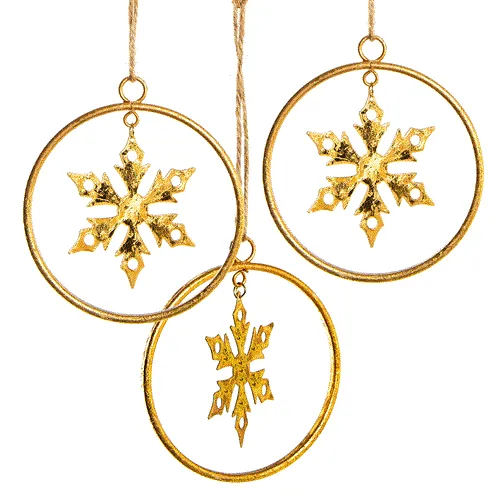 3 goldene Schneeflocken Anhänger aus Metall - Ring mit Eiskristall 10 cm - Deko Weihnachten