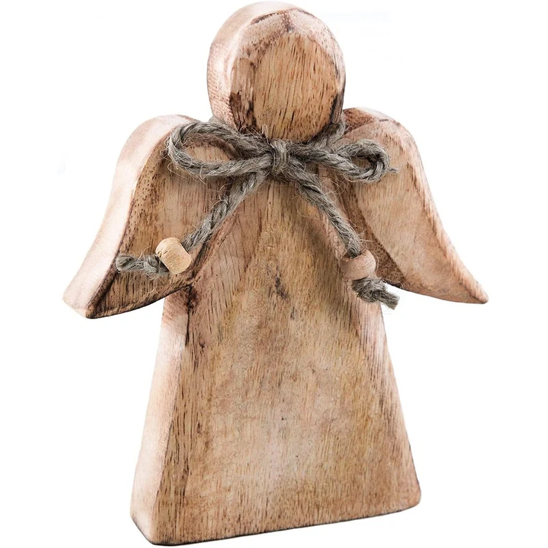 Holzengel Figur 15 cm aus Mangoholz - Weihnachtsdeko zum Hinstellen Engelfigur braun natur