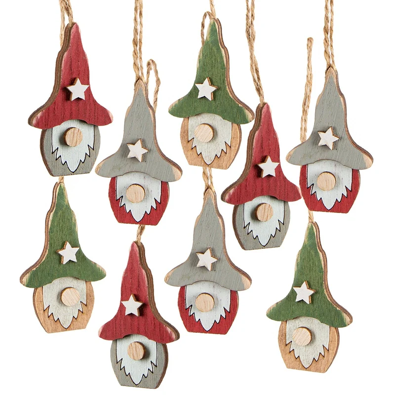 9 Wichtelanhänger kleine Wichtel aus Holz Weihnachtsanhänger Natur grün rot