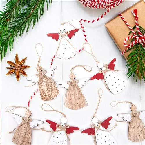 10 Weihnachtsanhänger Set - 2 x 5 natur rot weiße Engel Holzengel mit Schnur