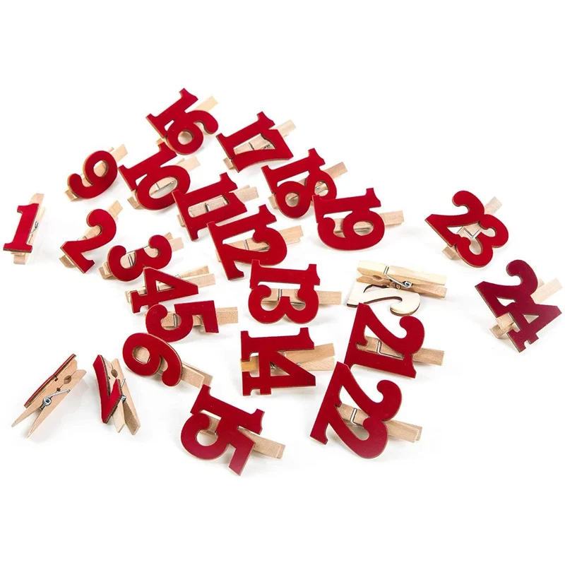 Logbuch-Verlag Adventskalenderzahlen 1-24 Holzklammern Klammern rot m. Zahlen aus Filz f. DIY Adventskalender Weihnachtskalender selbermachen basteln