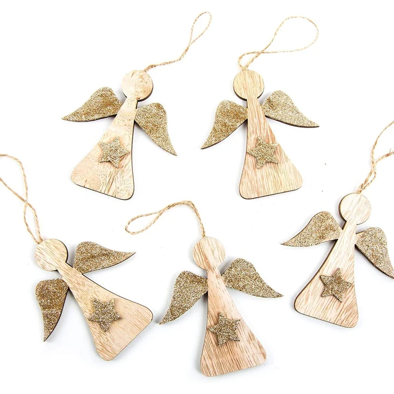 5 Holzengel Weihnachtsanhänger Vintage Engel natur braun Gold glitzernd