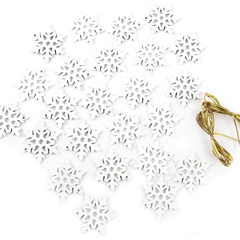 Logbuch-Verlag 24 Schneeflocken Streuteile aus Holz m. Loch + goldene Schnur z. Aufhängen Streudeko Deko Weihnachten Weihnachtsdeko weiß Gold Tisch-deko Geschenk