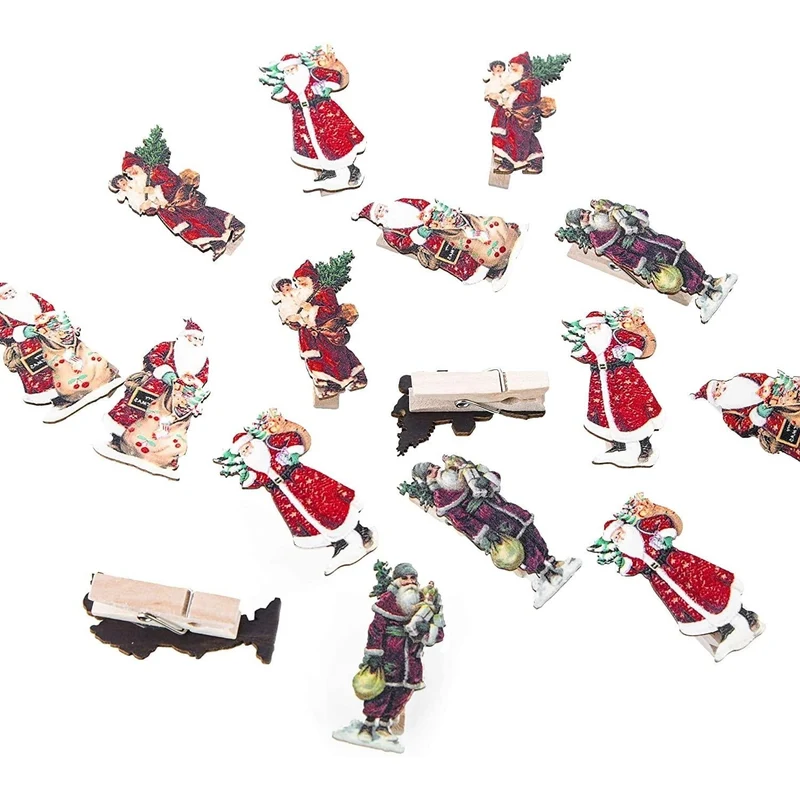 16 Retro Weihnachtsklammern 4,5 cm mit Weihnachtsmotiven im Vintage Nostalgie Stil