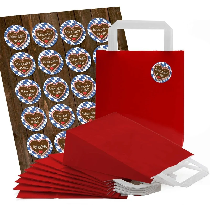 24 kleine rote Papiertüten Boden Papiertaschen Henkel 18 x 8 x 22 cm + 24 blau weiß karierte Bayern Aufkleber SCHÖN DASS DU DA BIST + Danke Geschenktüten Verpackung give-away Mitgebsel