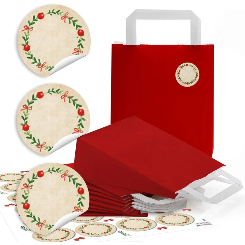 10 rote Papiertüte Geschenktasche Henkel mit Boden 18 x 8 x 22 cm + 24 runde Aufkleber 4 cm Advent Kranz rot grün beschreibbar beige Geschenkverpackung Weihnachten blanko