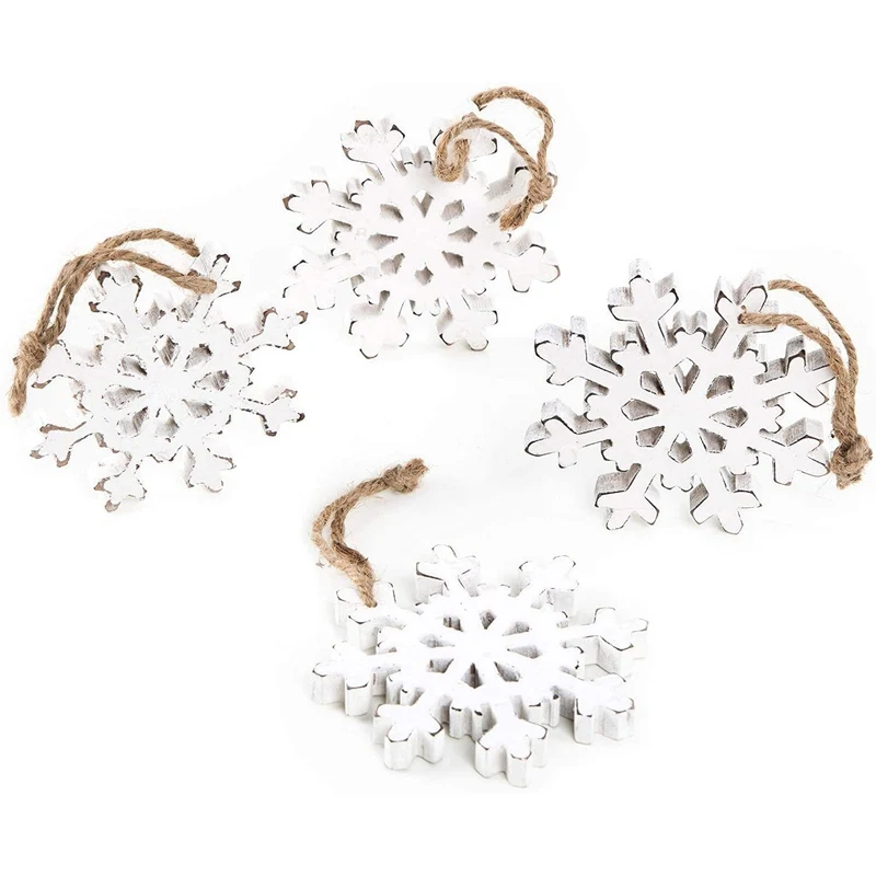 4 große Schneeflocken Anhänger weiß aus Holz - Shabby Chic Weihnachtsanhänger