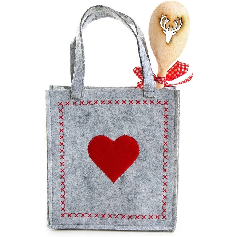 3 Stück kleine Geschenktaschen 18 x 20 cm Filz + Hirsch Geweih Holz Kochlöffel Verpackung Weihnachten Geschenkbeutel HERZ rot grau kariert Kunden