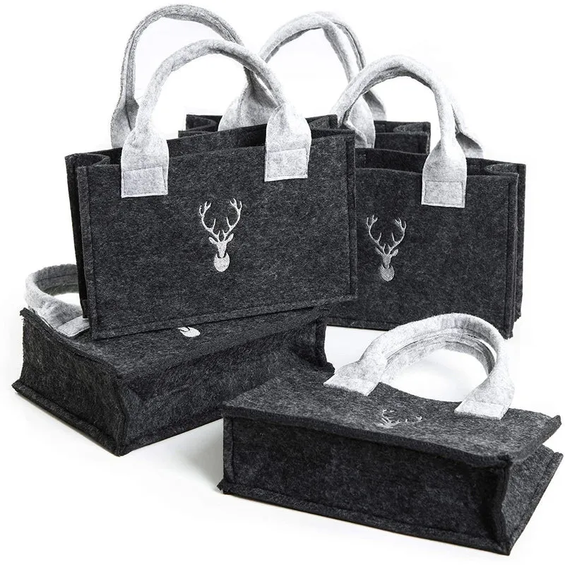 5 dunkelgraue Filztaschen mit Hirsch-Motiv grau Geschenktasche aus Filz 19,5 x 13 x 5 cm