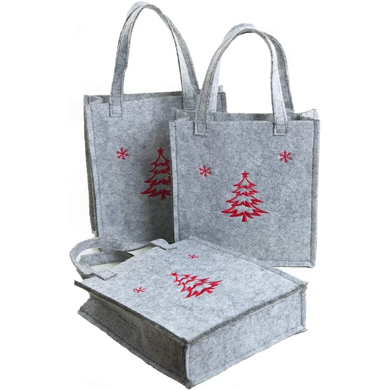 Logbuch-Verlag 3 kleine graue Filztaschen Geschenktaschen Filz Verpackung Weihnachtsgeschenk Weihnachten Weihnachtsverpackung 19 x 16,5 x 4,5 rot bestickt Tannenbaum