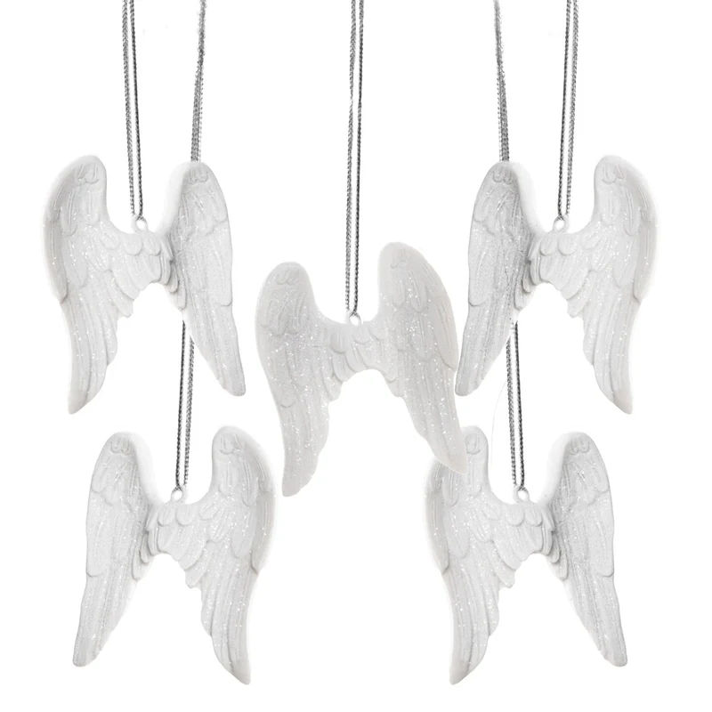 5 Engelsflügel Anhänger aus Polyresin 6 cm weiß - Glücksbringer Weihnachtsanhänger