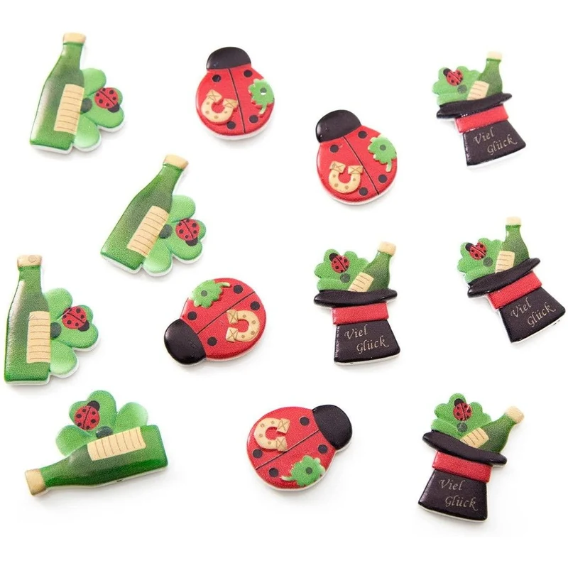 12 kleine Glücksbringer mit Klebepunkt 3-4 cm Streudeko Silvester Neujahr