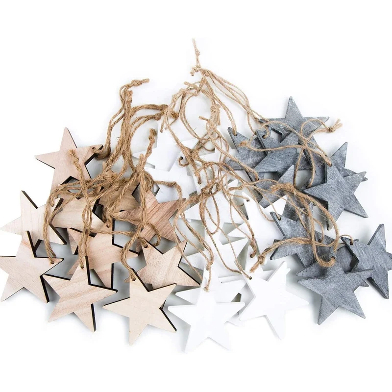 Weihnachtsanhänger Set: 60 Holzsterne 7 cm grau + weiß + braun