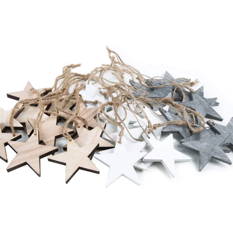 Weihnachtsanhänger Set: 90 Holzsterne 7 cm grau + weiß + braun