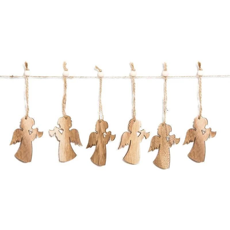 6 Stück kleine Holz-ENGEL Weihnachts-ANHÄNGER natürlich natur braun 7,5 cm Trompete mit Schnur als Christbaumschmuck Christbaumanhänger Geschenkanhänger - Weihnachtsdeko zum Aufhängen