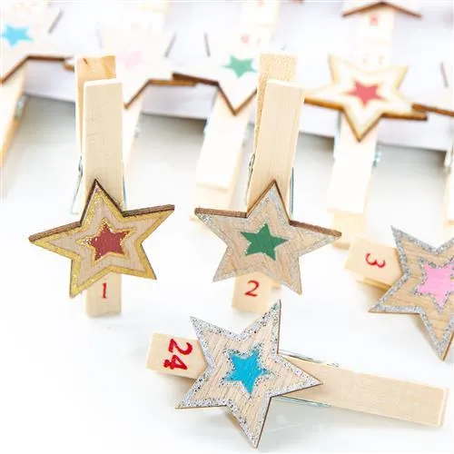 24 Stück kleine grau weiß natur Holzsterne Sterne Holz-klammer Deko-Klammer Zier-Klammer Weihnachten Weihnachts-Deko 6 cm Wäscheklammern Clips weihnachtliche Verpackung Geschenk