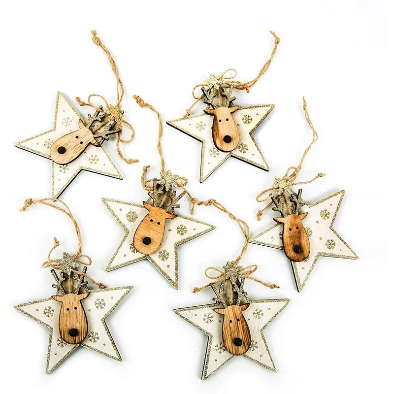 6 Stück Weihnachtsanhänger HOLZ-STERN Rentier gold natur mit 11,5 cm Geschenkanhänger Weihnachten Christbaum Anhänger weihnachtliche Deko zum Aufhängen