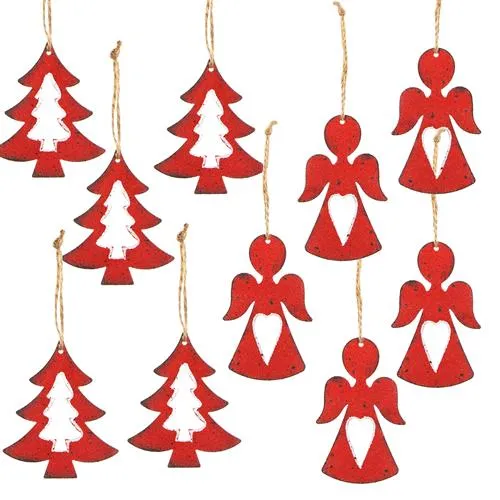 Weihnachtsanhänger Set - 5 Engel + 5 Bäume rot aus Metall - Geschenkanhänger Weihnachten