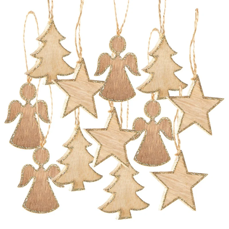 12 Holzanhänger zu Weihnachten - Baum + Stern + Engel - natur braun glitzernd 5 cm