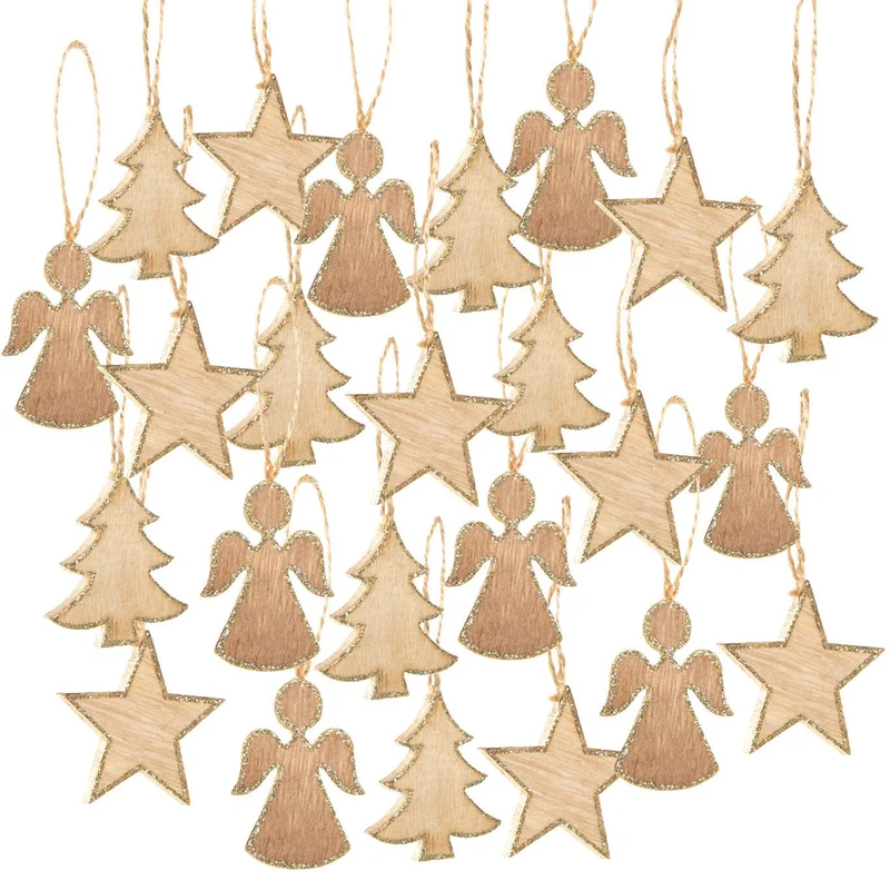 2 x 12 kleine Holz Weihnachtsanhänger 5 cm BAUM ENGEL STERN natur Glitzer GOLD Baumschuck Christbaumanhänger Anhänger Weihnachts-Deko Christbaumschmuck Baum-Behang